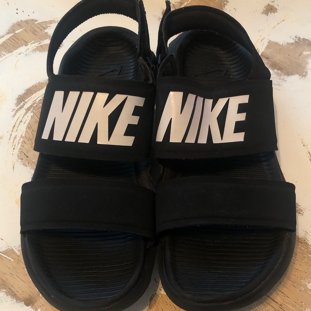 Nike Women Black Tanjun Sandals with White NIKE Logo Straps